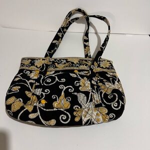 Vera Bradley Small  Hand Bag Black w/Yellow, Gray Floral Print Pockets